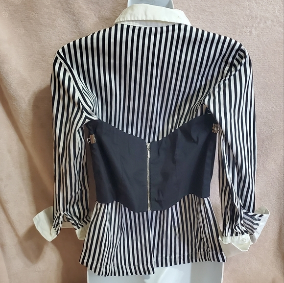 Like NEW New York & Co Striped Button Down Shirt w/ Black Corset Overlay Sz S - Picture 7 of 14